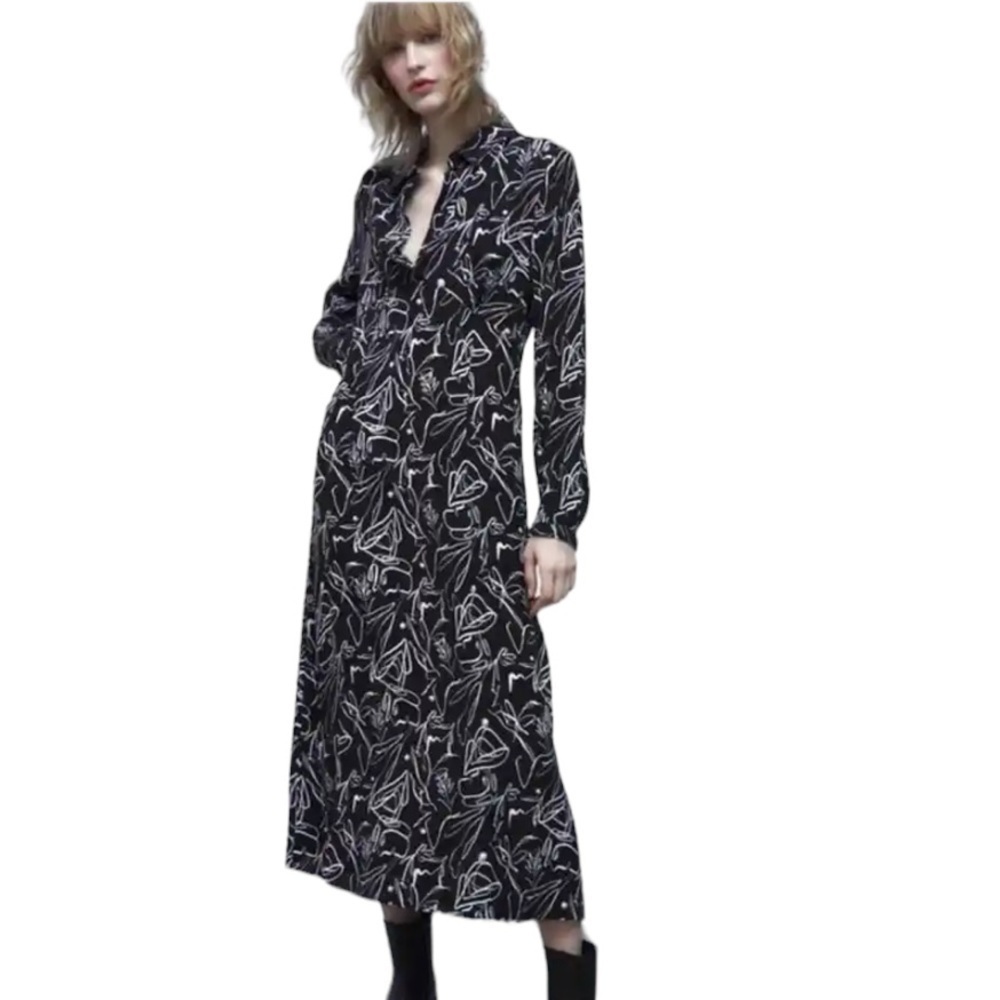ZARA Maxi Shirt Dress Black & White Floral Print Long Sleeves, Flowie. 4-8.